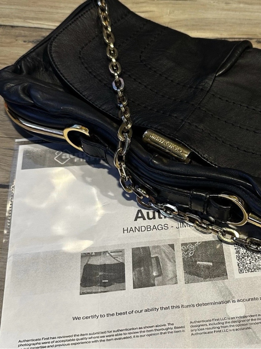 Jimmy Choo Black Leather Chain Shoulder Bag Gold Hardware with COA